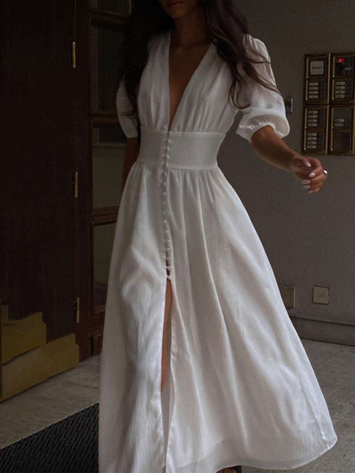 Frenchy Button Split Long Dress