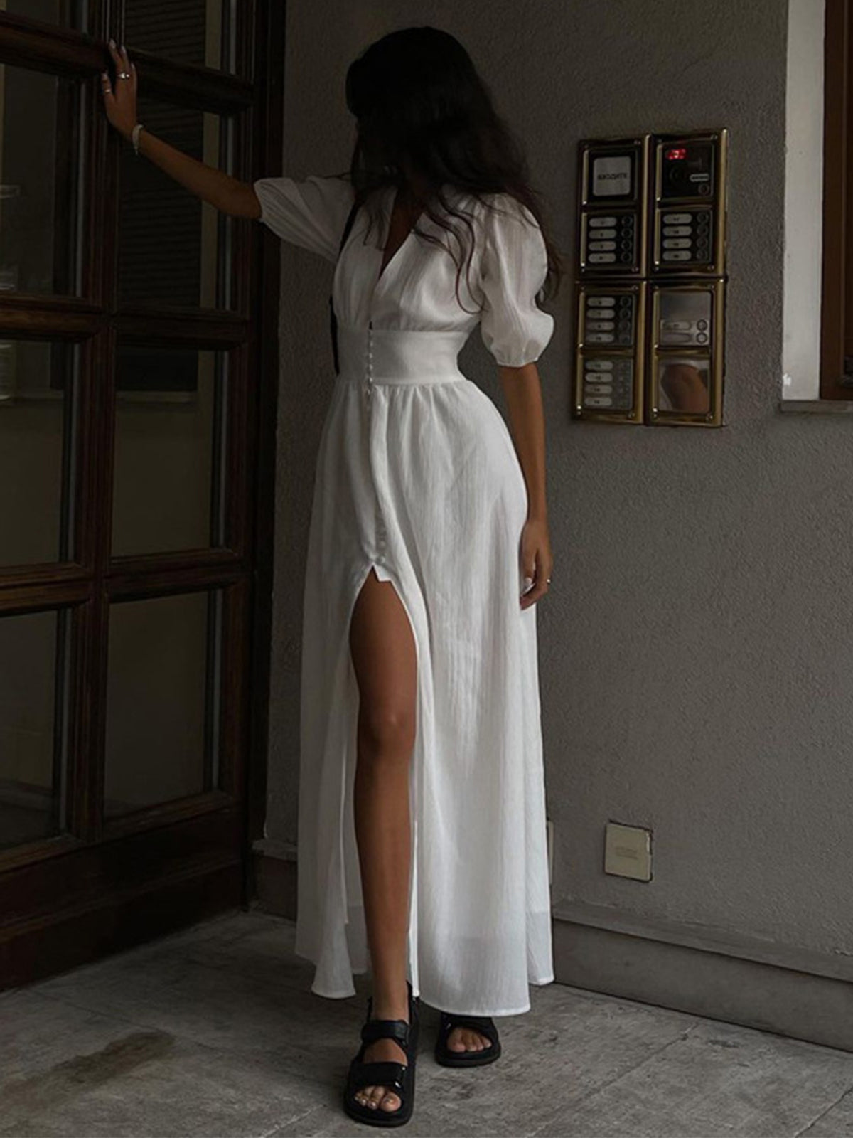 Frenchy Button Split Long Dress