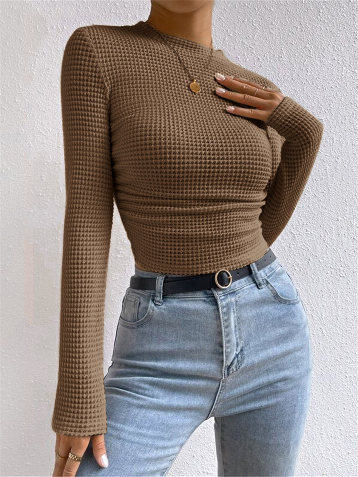 Plain Waffle Slim Sweater Women