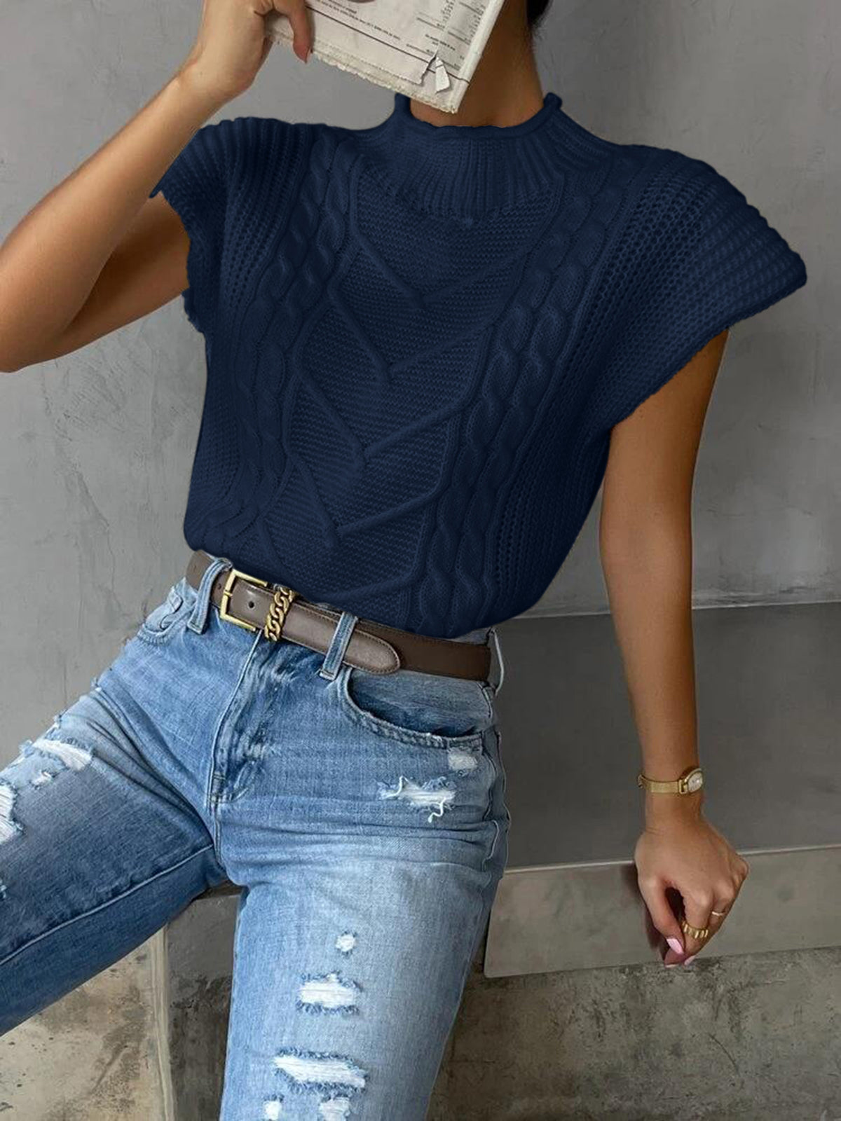 Sleeveless Sweater Vest with Cap Sleeves