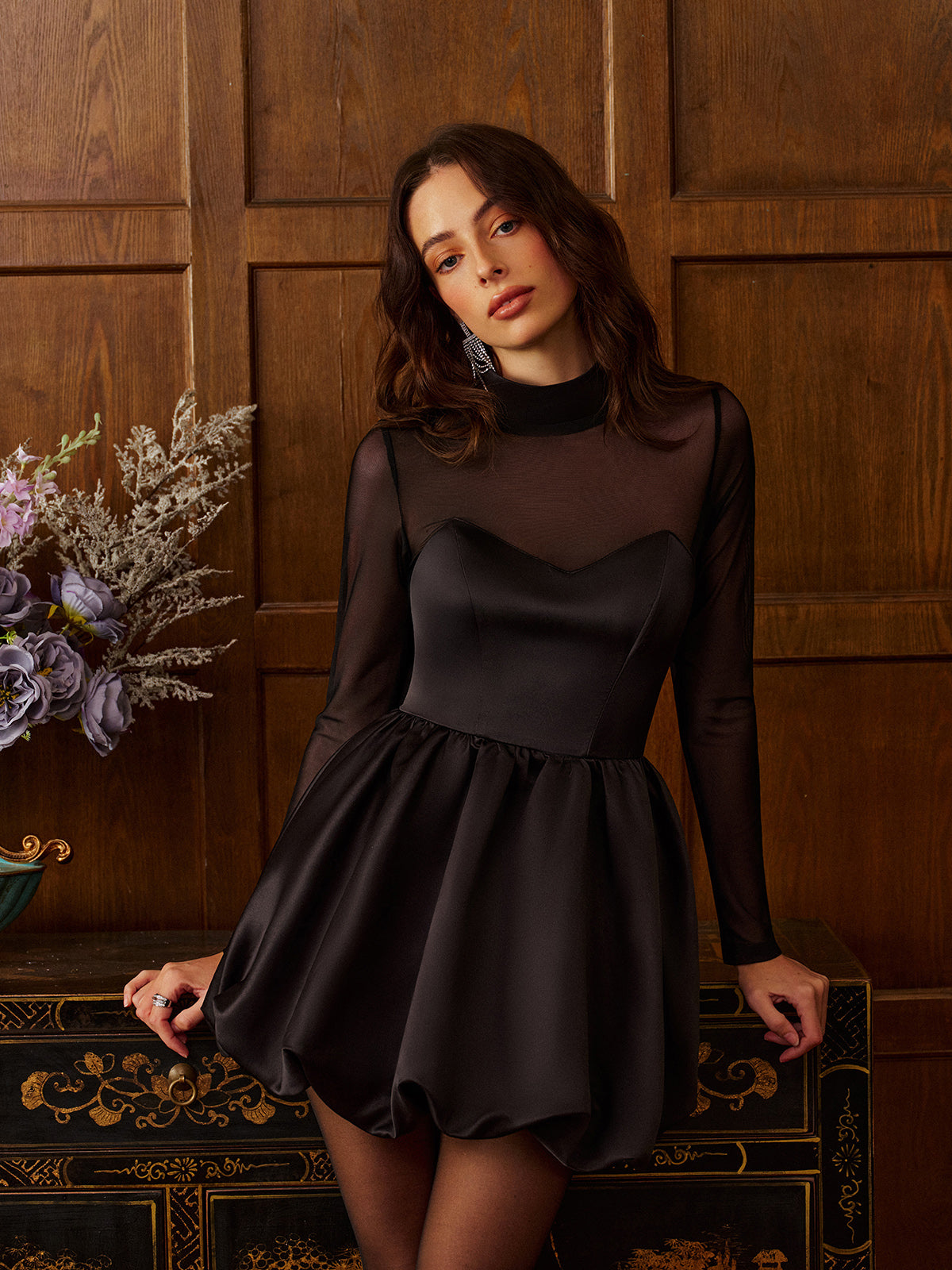 Dress with stand-up collar