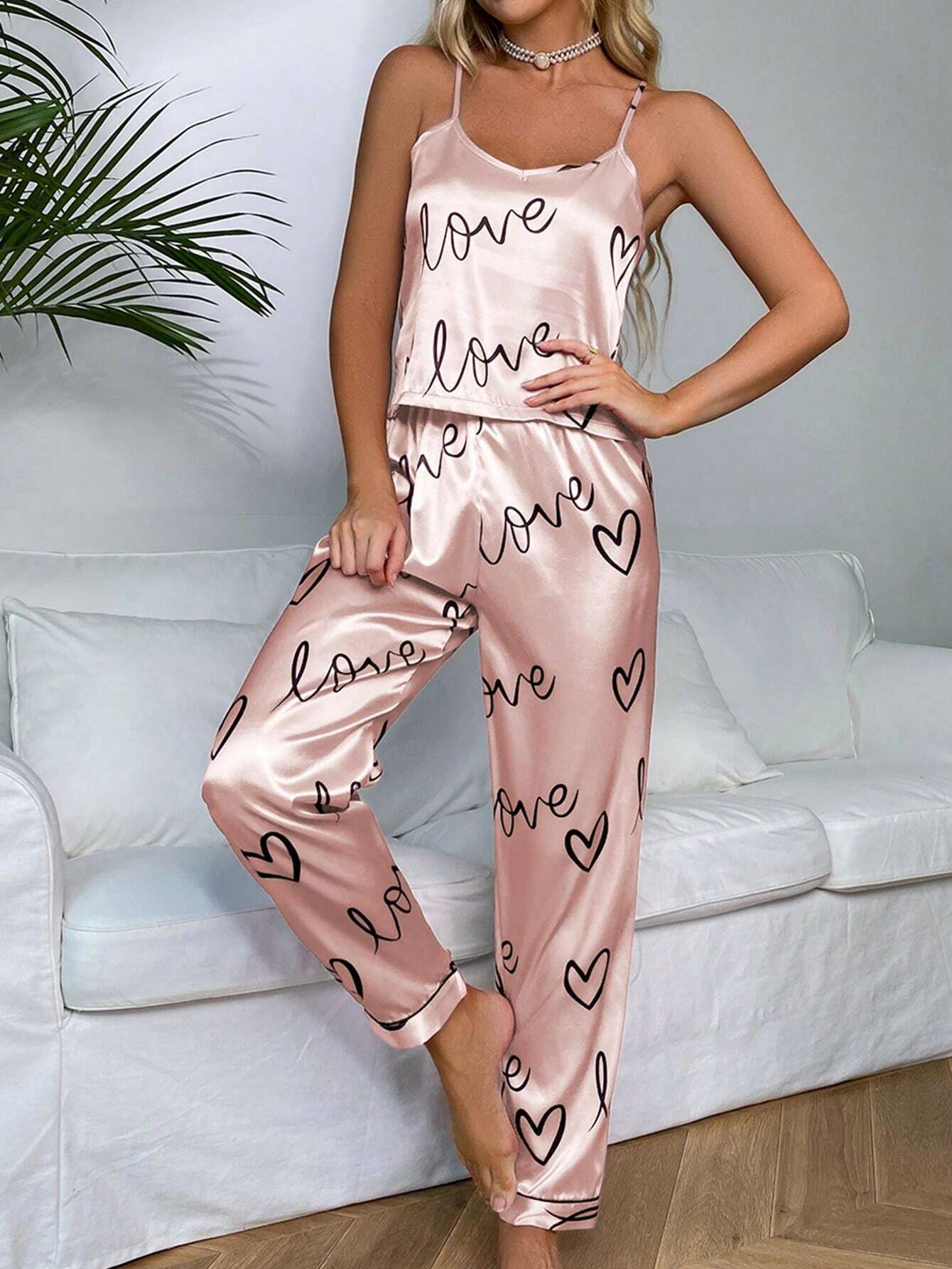 Heart &amp; Letter Satin Pajama Set 