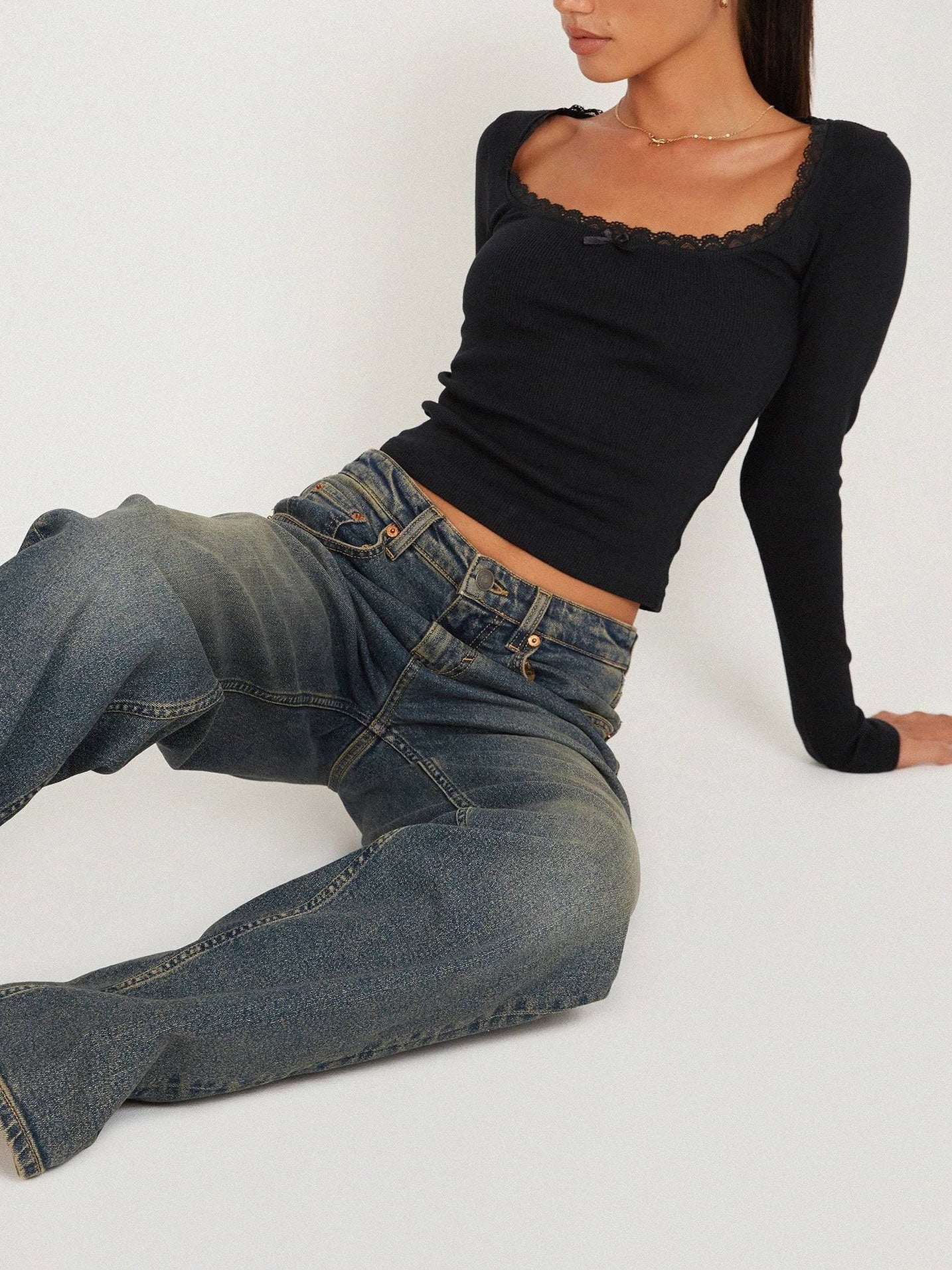 Kanten Rand Lange Mouw Crop Top