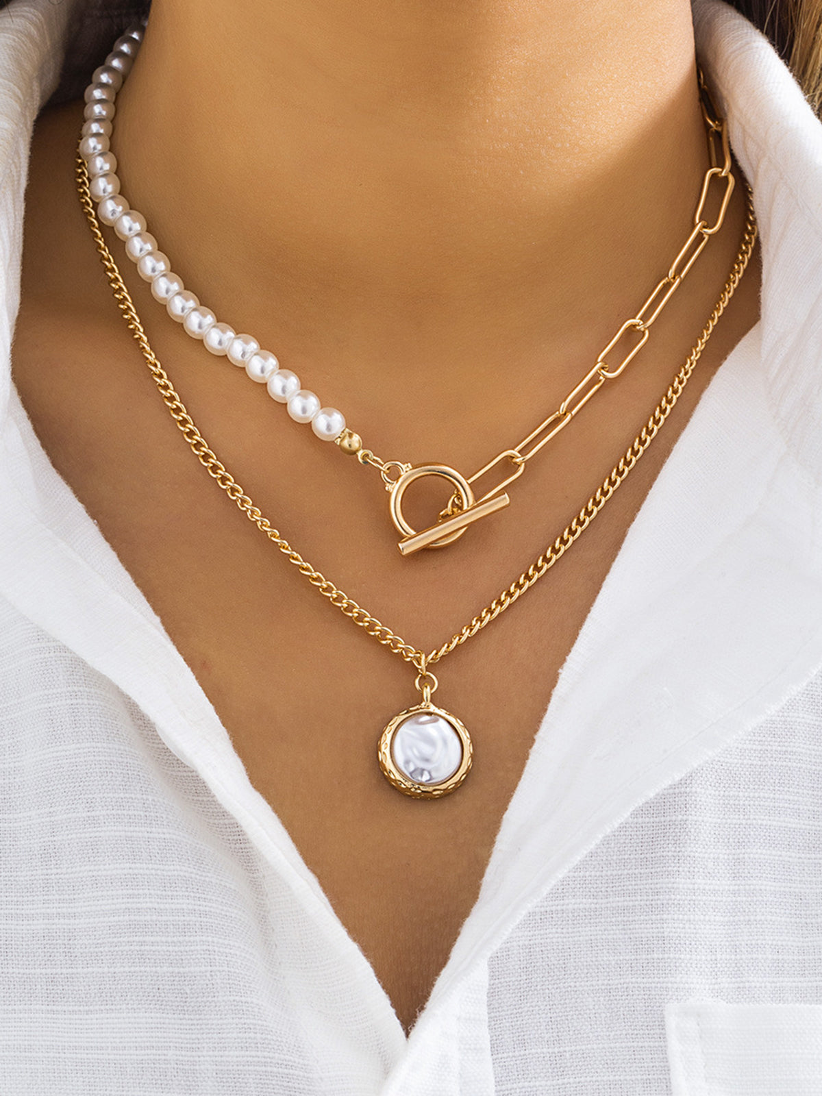 Faux Parel Schijf Hanger Ketting