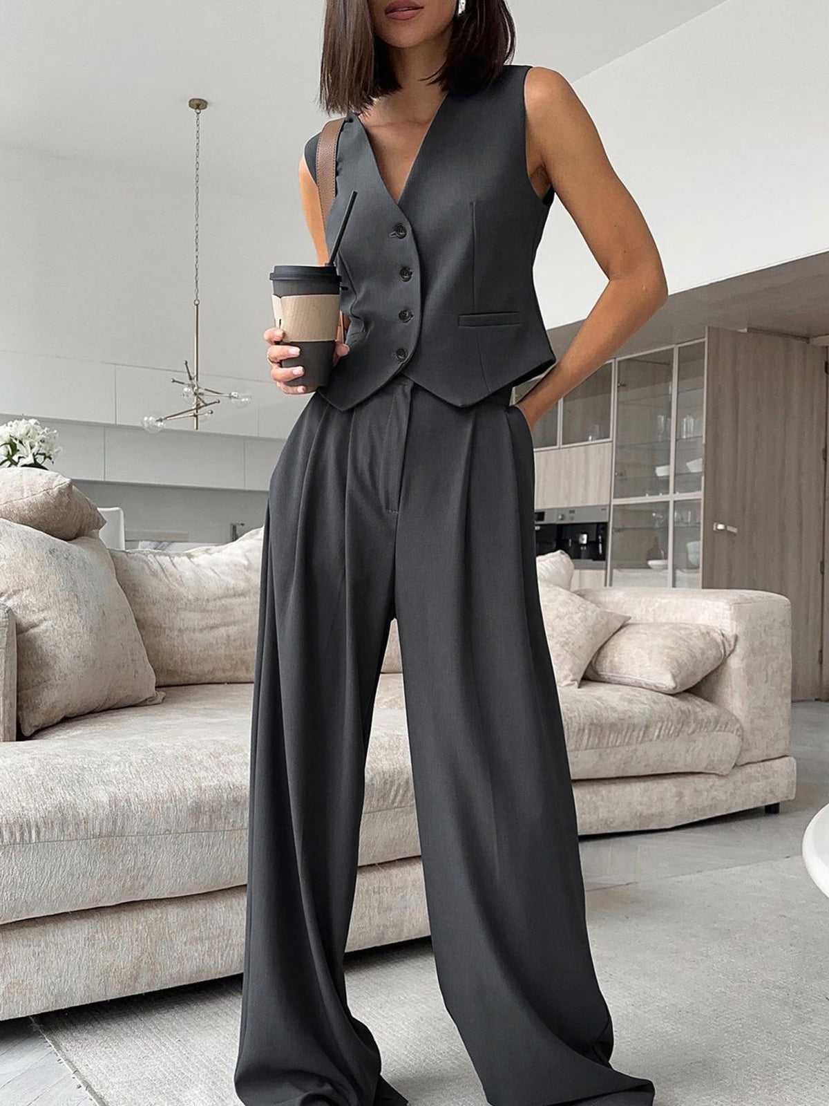 V-hals Gilet met Broek Set
