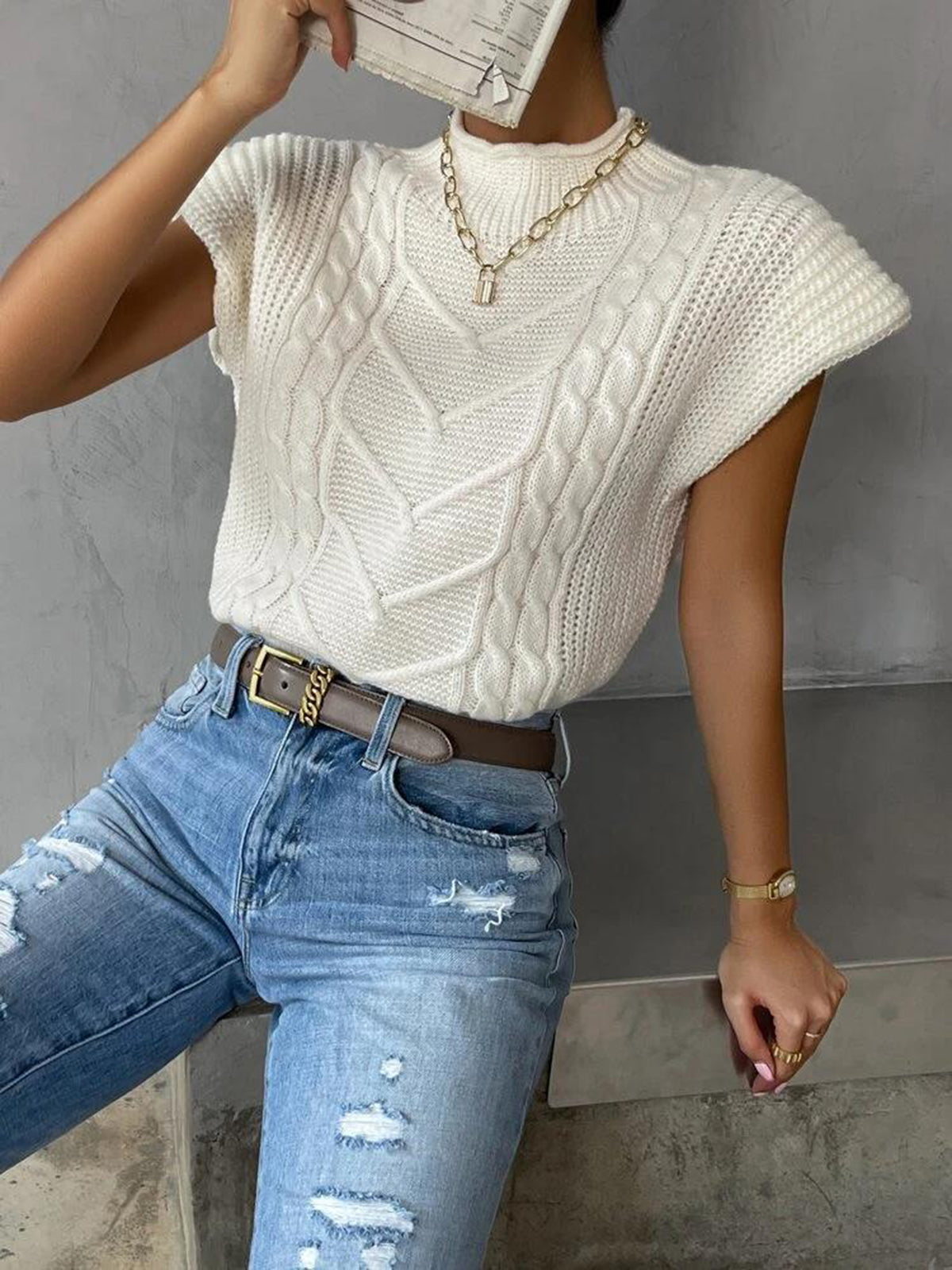 Sleeveless Sweater Vest with Cap Sleeves