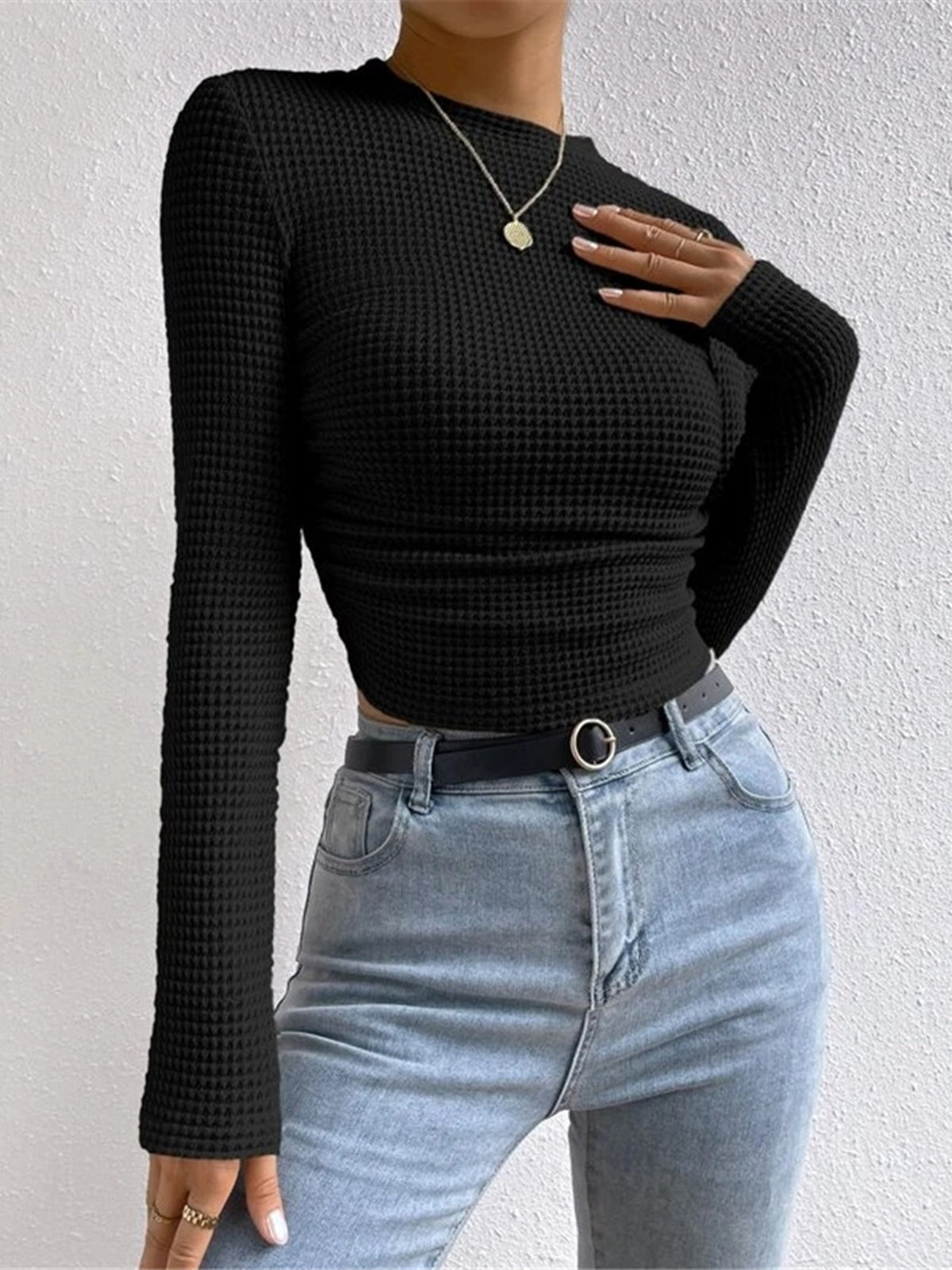 Plain Waffle Slim Sweater Women 